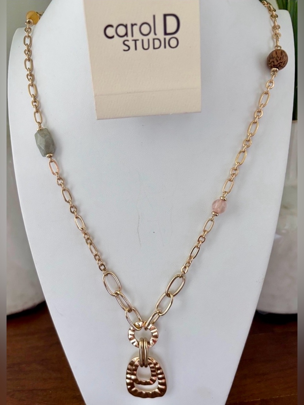 Carol D Studio Hammered pendant,natural stone color beads, wood bead,,Artisanal